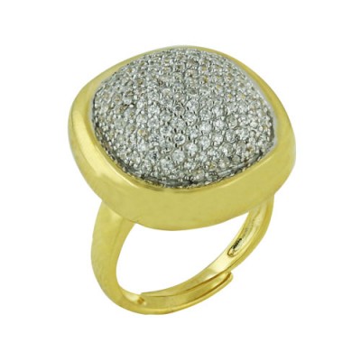 Sterling Silver Ring Cushion Dome Paved in Clear Cubic Zirconia Gold Plated