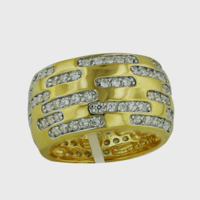 Sterling Silver Earring Thick Gold Band with Small Rows of Clear Cubic Zirconia
