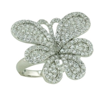 Sterling Silver Ring Butterfly Formed by Teard Clear Cubic Zirconia Rhodium Plating Plated