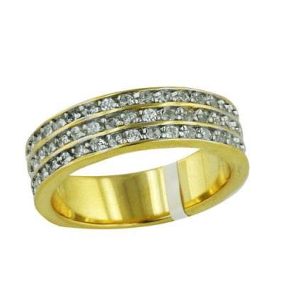 Sterling Silver Ring Gld Plated Band 3 Rows of Clear Cubic Zirconia