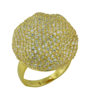 Sterling Silver Ring Hammered Dome Paved in Clear Cubic Zirconia Gld Plated