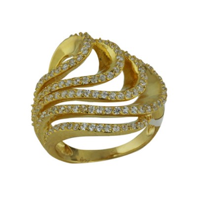 Sterling Silver Ring Open Waves Pattern Clear Cubic Zirconia Gold Plated