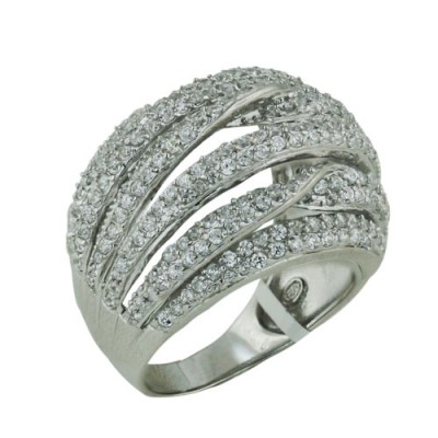 Sterling Silver Ring Open Dome Twisted Strip Clear Cubic Zirconia Rhodium Plating Plated