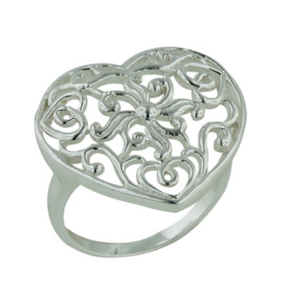 Sterling Silver Ring Filigree Heart with Flower Center