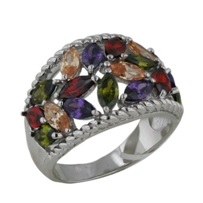 Sterling Silver Ring Open Multicolor-Color Marquis Cubic Zirconia Rope Sides
