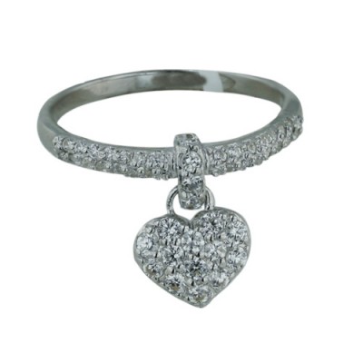 Sterling Silver Ring Clear Cubic Zirconia on Band Clear Cubic Zirconia Heart Dangle