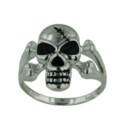 Sterling Silver Ring Cross Bone+Skull with Scar Black Enamel