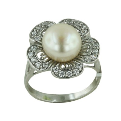 Sterling Silver Ring Clear Cubic Zirconia Open Flower 10mm Fresh Water Pearl Center