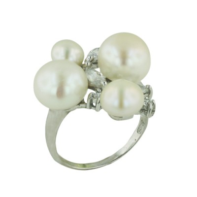 Sterling Silver Ring Multicolor-Size Fresh Water Pearl with Red+Marquis Clear Cubic Zirconia