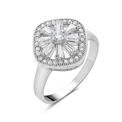 Sterling Silver Ring Micro-Paved Diamond with Clear Baguette+Rd Cubic Zirconia
