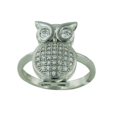 Sterling Silver Ring Micro-Paved Owl with Clear Cubic Zirconia Eyes