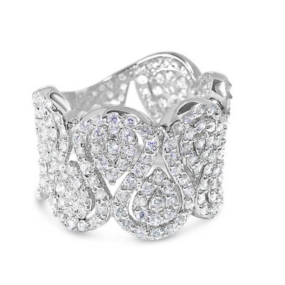 Sterling Silver Ring Clear Cubic Zirconia Waves with Clear Cubic Zirconia Paved Teardrops
