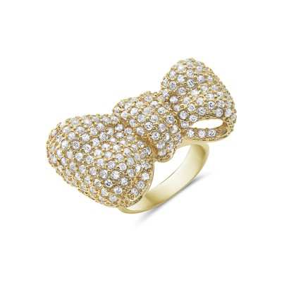Sterling Silver Ring Puffy Uneven Bow Paved in Clear Cubic Zirconia Gld Plated