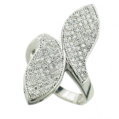 Sterling Silver Ring Clear Cubic Zirconia Paved Leaf Bypass Rhodium Plated