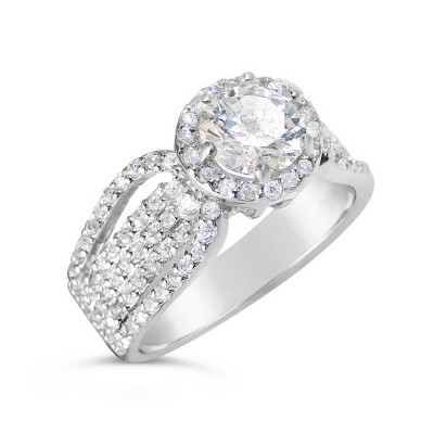 Sterling Silver Ring 6mm Clear Cubic Zirconia with Rows of Clear Cubic Zirconia on Band -Rhodium Plating-