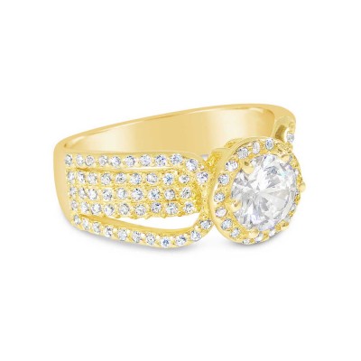 Sterling Silver Ring 6mm Clear Cubic Zirconia with Rows of Clear Cubic Zirconia on Band -Gold-