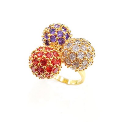 Sterling Silver Ring 3 Cubic Zirconia Paved Balls (A,Gl,G) Gold Plated