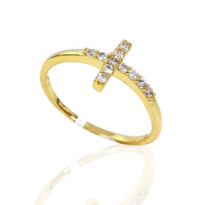 Sterling Silver Ring Clear Cubic Zirconia Sideway Cross on Gold Band