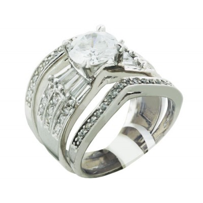 Sterling Silver Ring 3Pc Set 8mm Clear Cubic Zirconia with Baguette+Rd on Band