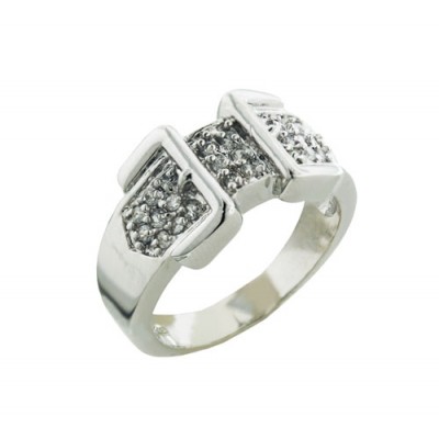 Sterling Silver Ring Belt with Two Buckles Center Paved with Clear Cubic Zirconia