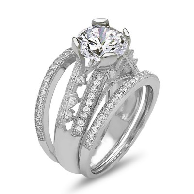 STERLING SILVER RING 3PC SET 8MM CLEAR CUBIC ZIRCONIA HALF OPEN BAND