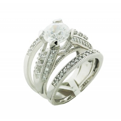 Sterling Silver Ring 3Pc Set 8mm Clear Cubic Zirconia Half Open Band
