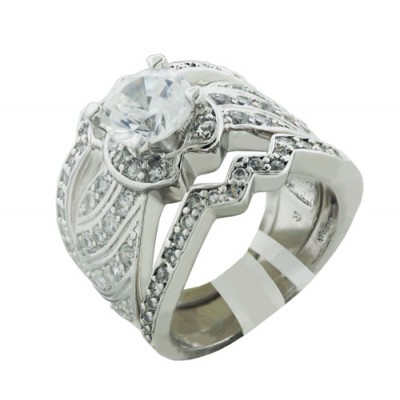 Sterling Silver Ring 3Pc Set 7mm Clear Cubic Zirconia with Paved Wave Lines