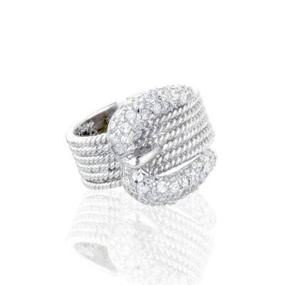 Sterling Silver Ring Clear Cubic Zirconia Buckle with Rope Pattern Band