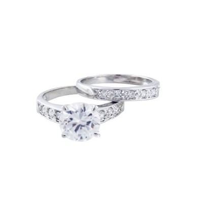 Sterling Silver Ring 2Pc Set 9mm Clear Cubic Zirconia with Clear Cubic Zirconia on Side