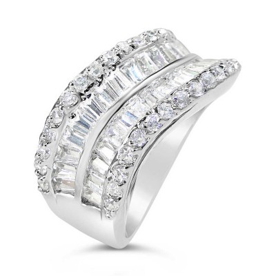 Sterling Silver Ring Wave with 2 Row Clear Red+ Baguette Cubic Zirconia