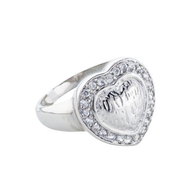Sterling Silver Ring Textured Heart with Clear Cubic Zirconia Around