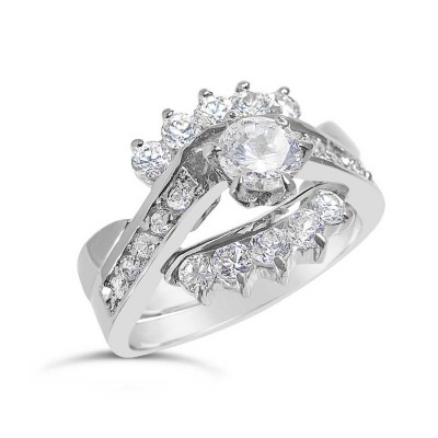 Sterling Silver Ring 2Pc Set 5mm Clear Cubic Zirconia with Clear Cubic Zirconia on Band+Side