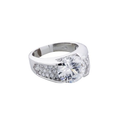 Sterling Silver Ring 11mm Clear Cubic Zirconia with Clear Cubic Zirconia Paved Underneath