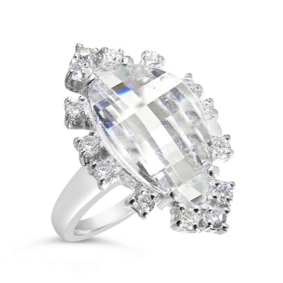 Sterling Silver Ring Convex Clear Marquis Cubic Zirconia Chess Cut