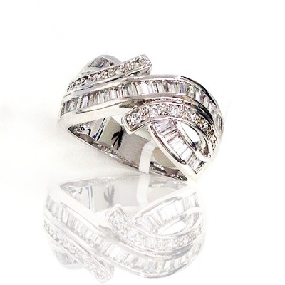 Sterling Silver Ring Clear Cubic Zirconia Baguette Lines Form "X"