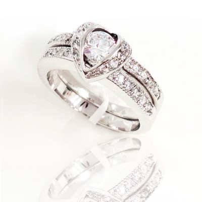 Sterling Silver Ring 2Pc Set 5mm Clear Cubic Zirconia in Open Paved Heart