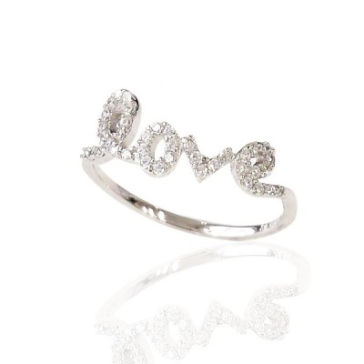 Sterling Silver Ring Script "Love" with Clear Cubic Zirconia -Rhodium Plating-