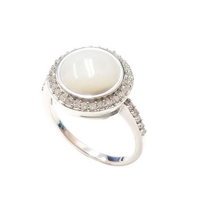 Sterling Silver Ring 11mm Mother of Pearl with Clear Cubic Zirconia Outline