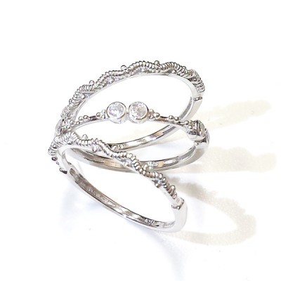 Sterling Silver Ring Stackable 3Pcs 2 Wavy 1 with Clear Cubic Zirconia