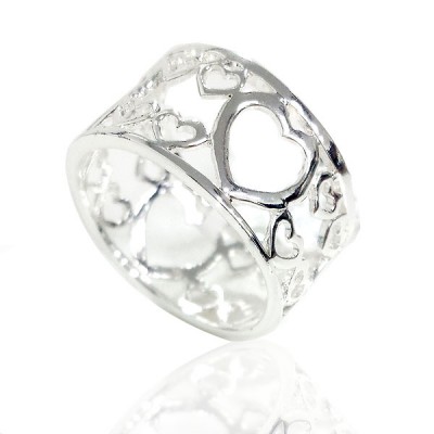 Sterling Silver Ring Plain with Open Hearts 1Big 4Small Around