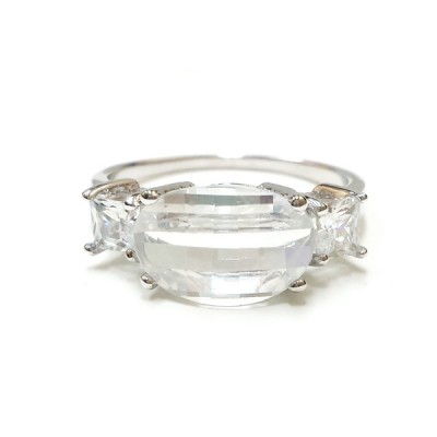 Sterling Silver Ring Clear Curved Oval Faceted with Clear Square Cubic Zirconia