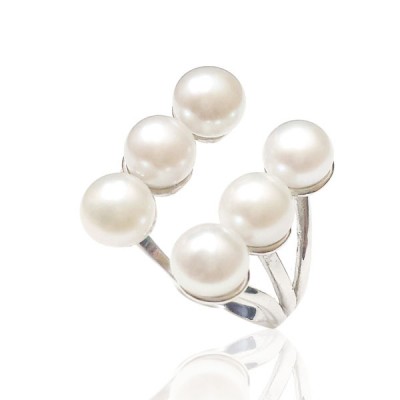 Sterling Silver Ring 6Pc Fresh Water Pearl Arranged in Opposit 2 Lines Apart
