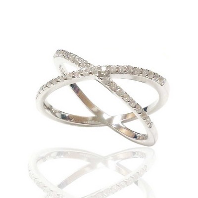 Sterling Silver Ring Clear Cubic Zirconia Criss-Cross