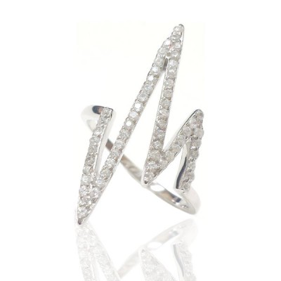 Sterling Silver Ring Lightening Shaped Line with Clear Cubic Zirconia Pave