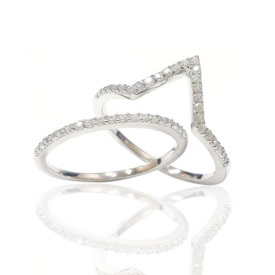 Sterling Silver Ring V Line 2 Pcs Sets Clear Cubic Zirconia