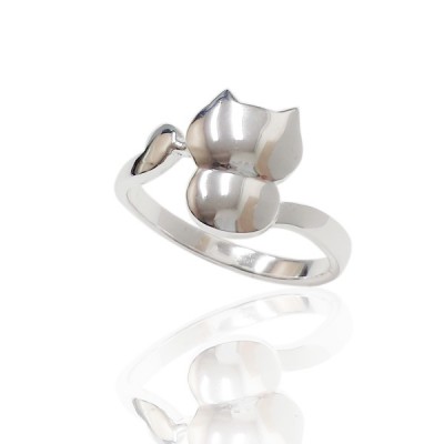 Sterling Silver Ring Puffy Cat Figure with Tail Wrap Ard As Band