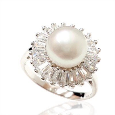 Sterling Silver Ring 9mm Fresh Water Pearl with Baguette Clear Cubic Zirconia Around