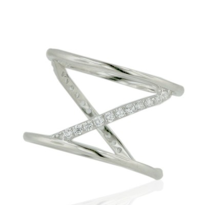 Sterling Silver Ring Plain Two Open Slanted Clear Cubic Zirconia Band