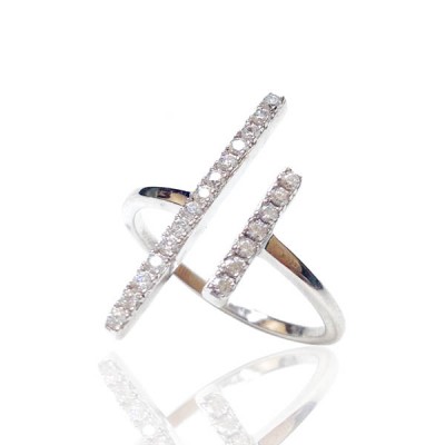 Sterling Silver Ring Two Clear Cubic Zirconia Open Bar - Rhodium Plating Plating