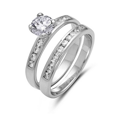 Sterling Silver Ring (2Pcs Set) 6mm Round Clear Cubic Zirconia with Band